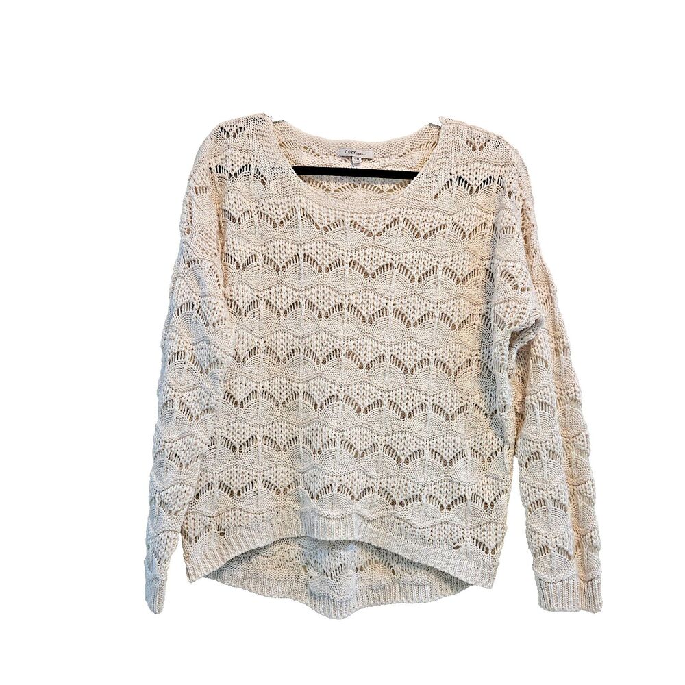 Cozy Casual Crochet Open Knit Sweater Cream Women Sz S Boho Festival Casual Work